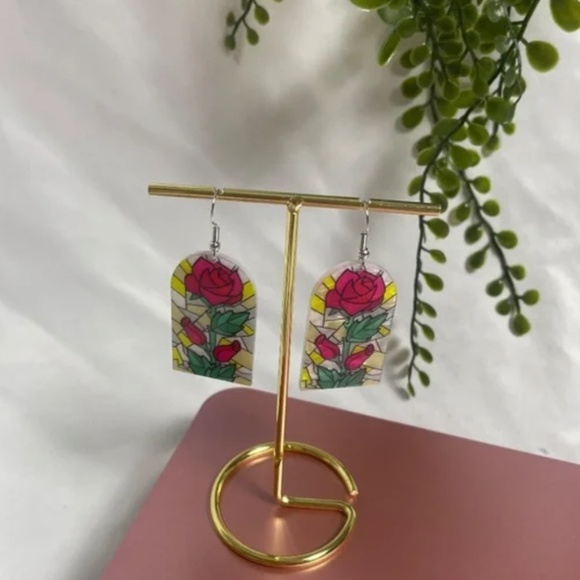 ❤️ FREE Window Stained Glass Tapestry Floral Chic Glam Art Artsy Drop Earrings - Picture 2 of 5